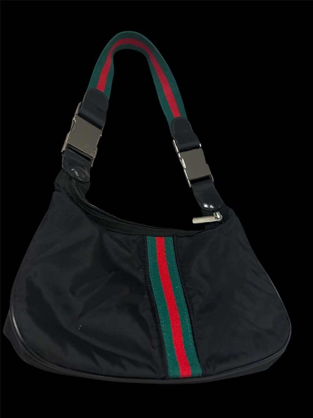 Vintage Style Unbranded Black Nylon Shoulder Bag with Green and Red Stripe